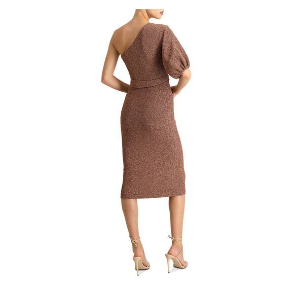 ML MONIQUE LHUILLIER Womens Brown Tie Belt Elastic Cuff Sleeve Midi Dress 6 - Picture 2 of 3